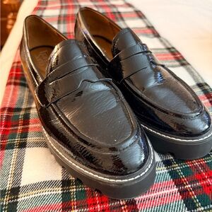 Franco Sarto Patent Black Loafers with Chunky Sole with white detail stitching.